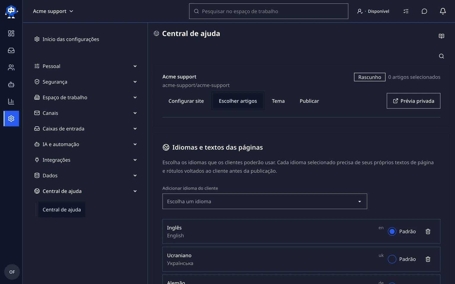 Publicar uma Central de ajuda para clientes: Configurar e publicar um site, 4. Em Idiomas e texto da página, pesquise para adicionar os idiomas que os clientes podem usar. Essa lista é independente do idioma da interface do aplicativo. Escolha um idioma padrão ou remova um quando necessário.