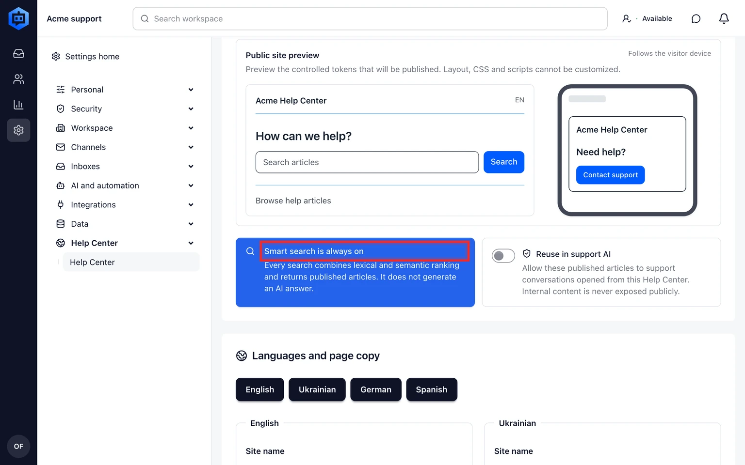 Publish a customer Help Center: Configure and publish one site, 4. Choose the approved articles that this site may publish. Articles from another workspace, Brand or Inbox scope are never eligible.