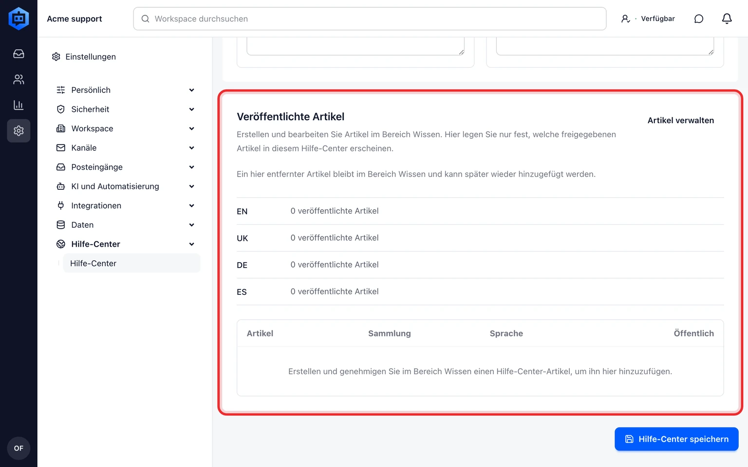 Kunden-Hilfe-Center veröffentlichen: Eine Site konfigurieren und veröffentlichen, 6. Suchen Sie einen bekannten Artikel und eine fehlende Antwort. Die Suche liefert nur Artikel. Support kontaktieren öffnet das verknüpfte Widget.
