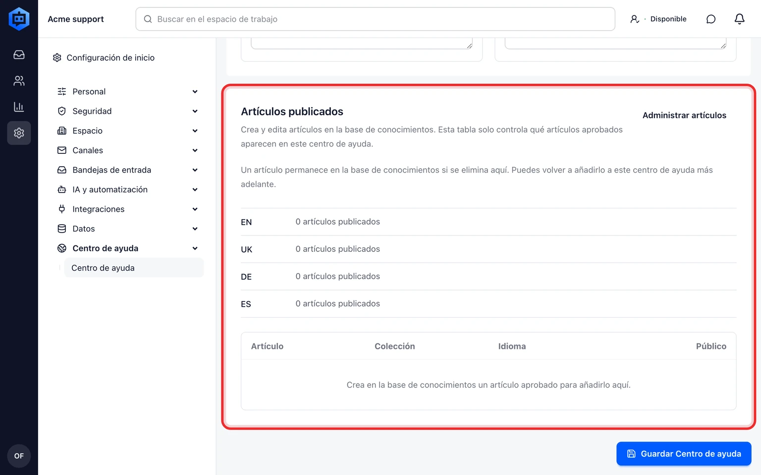 Publica un Centro de ayuda para clientes: Configura y publica un sitio, 6. Busca un artículo conocido y una pregunta sin respuesta. La búsqueda devuelve solo artículos y Contactar con soporte abre el widget vinculado.
