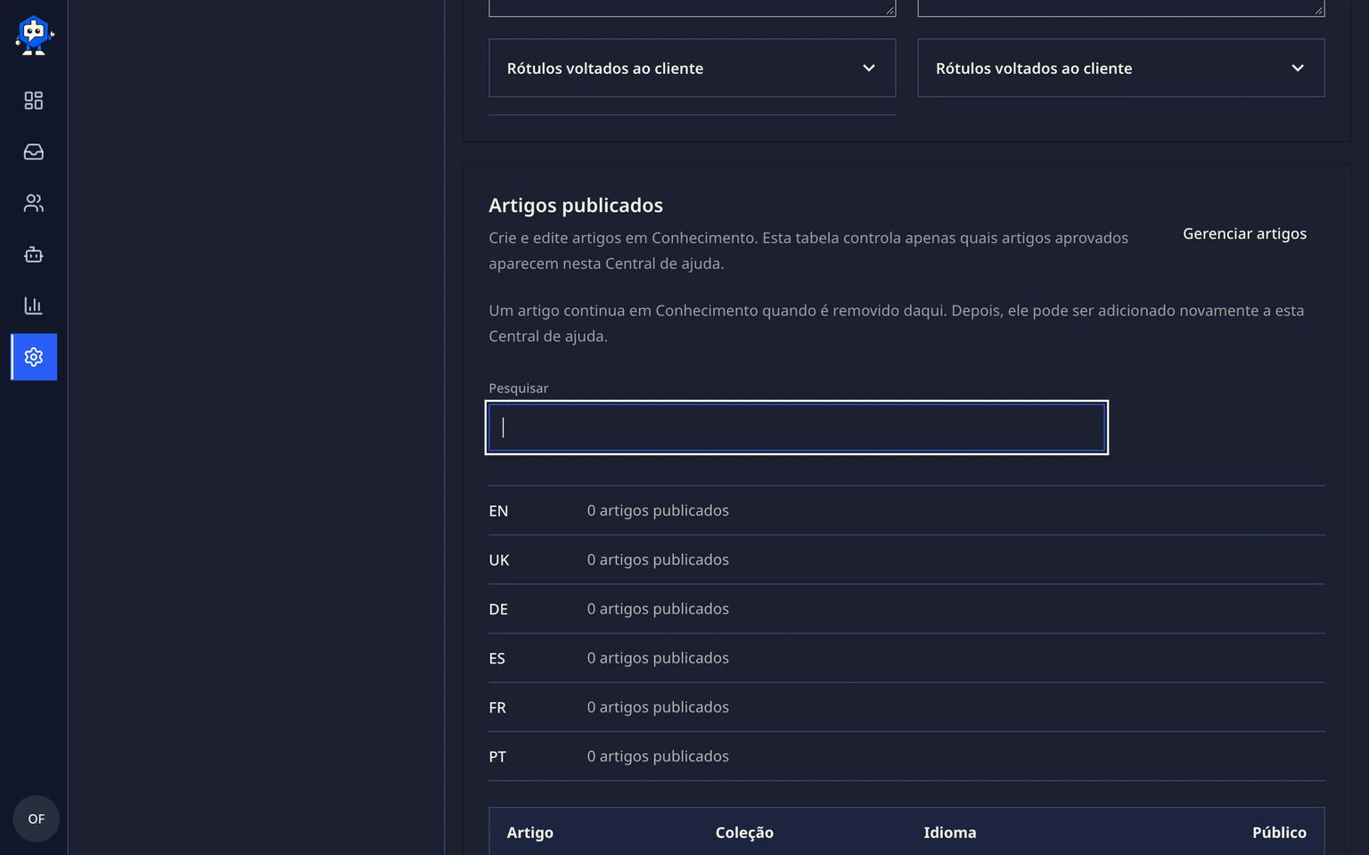 Publicar uma Central de ajuda para clientes: Configurar e publicar um site, 6. Revise os artigos publicados por idioma, defina Publicação como Publicado e salve. Abra o link público somente depois que o direito de uso ativo e a prontidão dos idiomas estiverem visíveis e então teste a pesquisa e Falar com o suporte.