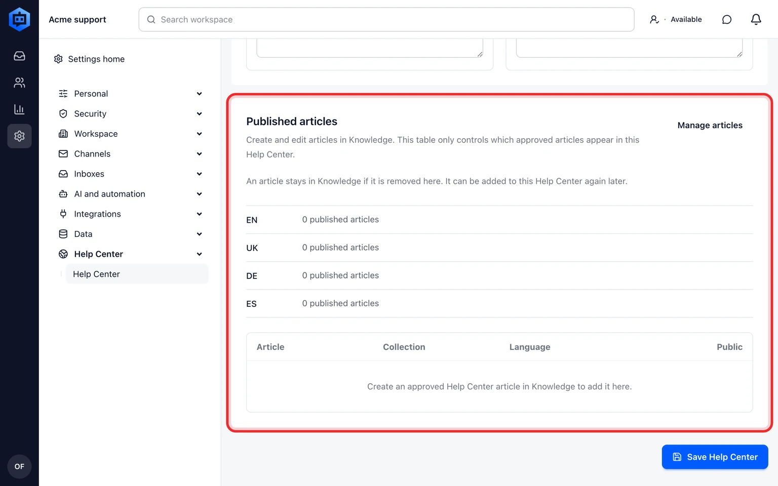 Publish a customer Help Center: Configure and publish one site, 6. Search for a known article and a missing answer. Search always combines lexical and semantic ranking and returns articles only. Contact support opens the site's bound widget.