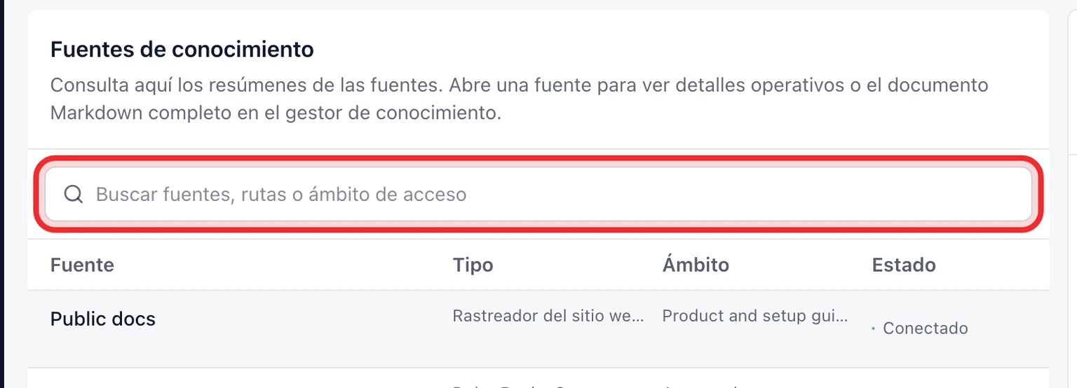Publica un Centro de ayuda para clientes: Prepara artículos públicos, 1. Abre Administración > IA y automatización > Fuentes de conocimiento.