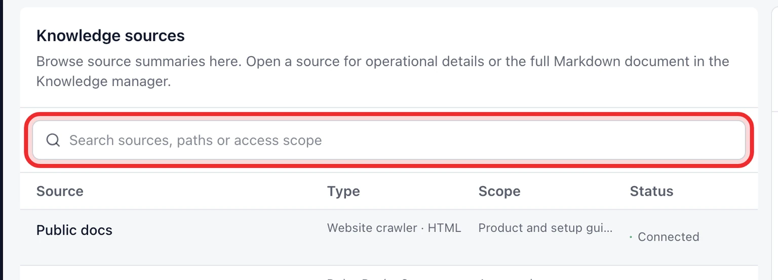 Publish a customer Help Center: Prepare public articles, 1. Open Admin > AI & Automation > Knowledge sources.