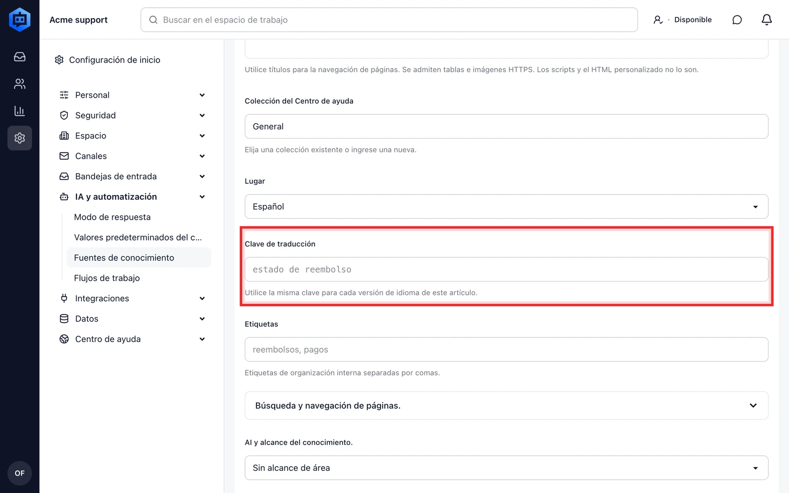 Publica un Centro de ayuda para clientes: Prepara artículos públicos, 5. Crea un artículo para cada idioma y usa la misma clave de traducción en las versiones equivalentes para que Administración señale las traducciones pendientes.
