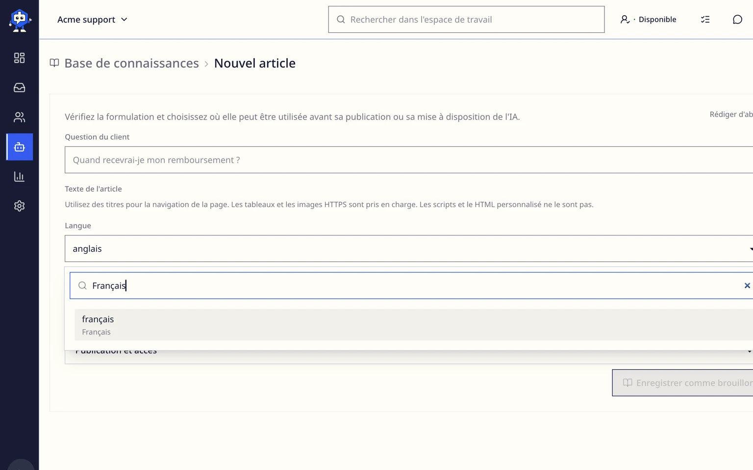 Publier un Centre d'aide pour les clients: Préparer les articles publics, 5. Définissez la Langue de la FAQ pour cet article. Pour les versions traduites d'une même réponse, réutilisez une clé de traduction afin que Connaissances puisse regrouper les versions et signaler les langues manquantes.