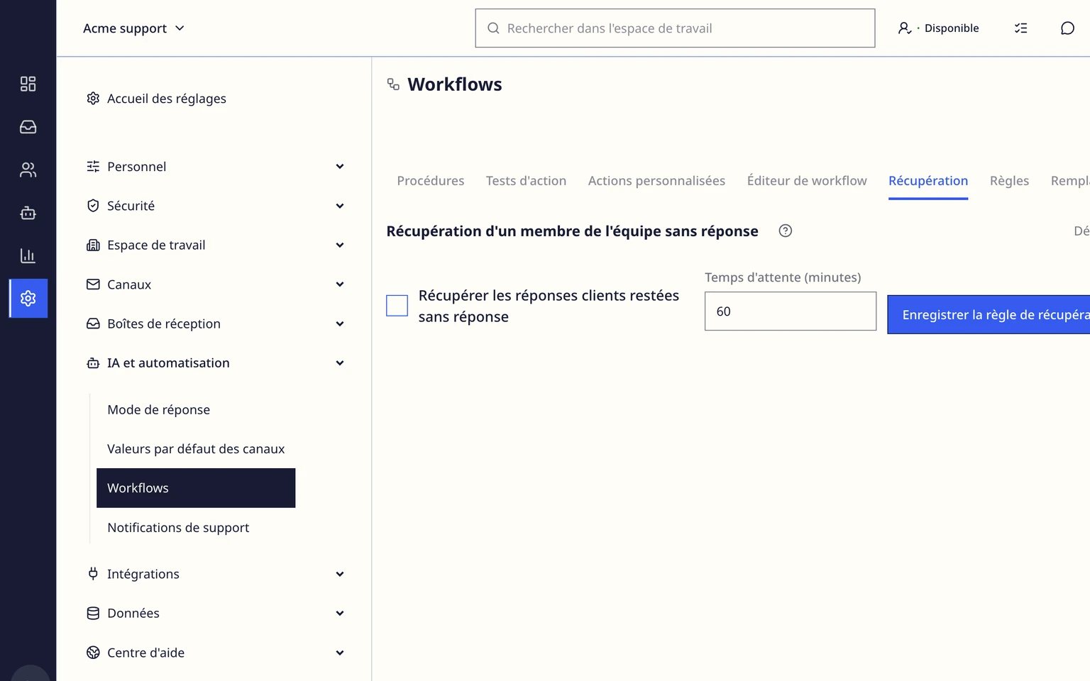 Récupérer les conversations d'un collègue qui ne répond pas: Activer la récupération, 1. Ouvrez Administration > IA et automatisation > Workflows.