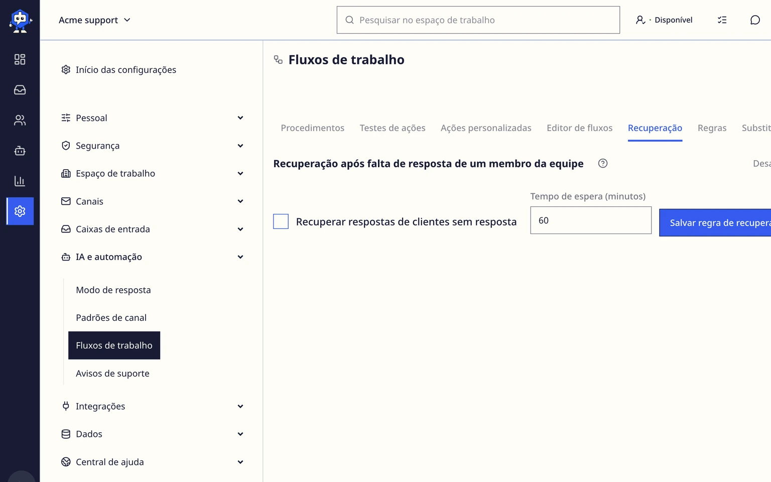 Recuperar conversas de um colega que não responde: Ativar a recuperação, 1. Abra Administração > IA e automação > Fluxos de trabalho.