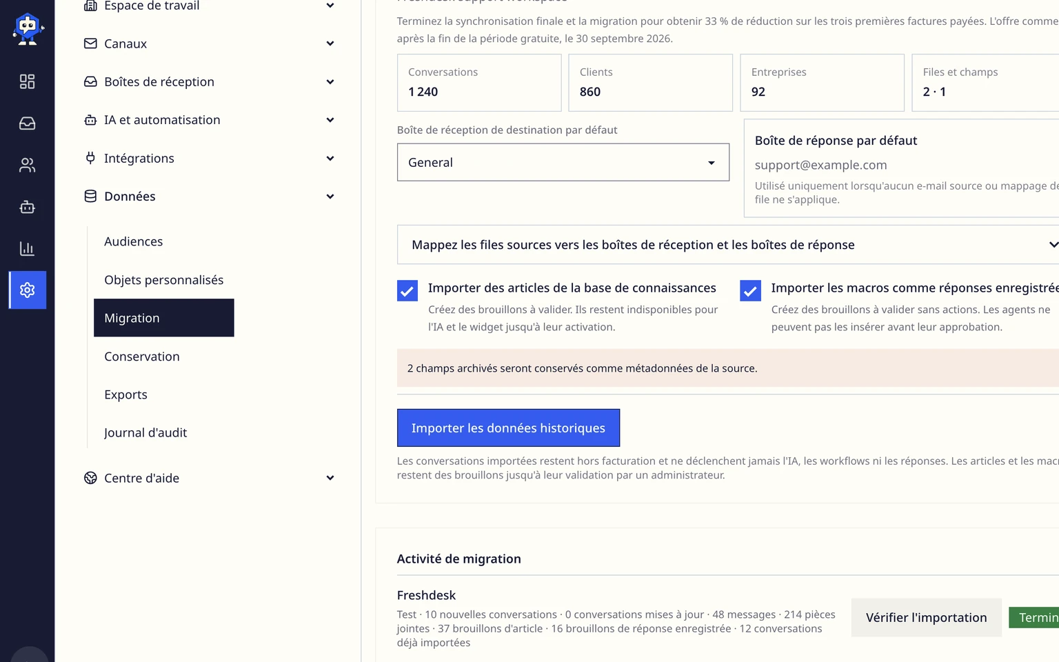 Examiner, annuler ou relancer une migration: Terminer la migration, 1. Résolvez tous les avertissements de la réconciliation ou acceptez-les explicitement.