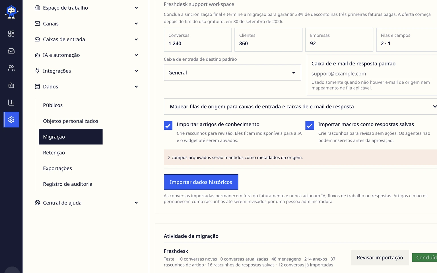 Revisar, cancelar ou tentar novamente uma migração: Concluir a migração, 1. Resolva ou aceite todos os avisos da reconciliação.