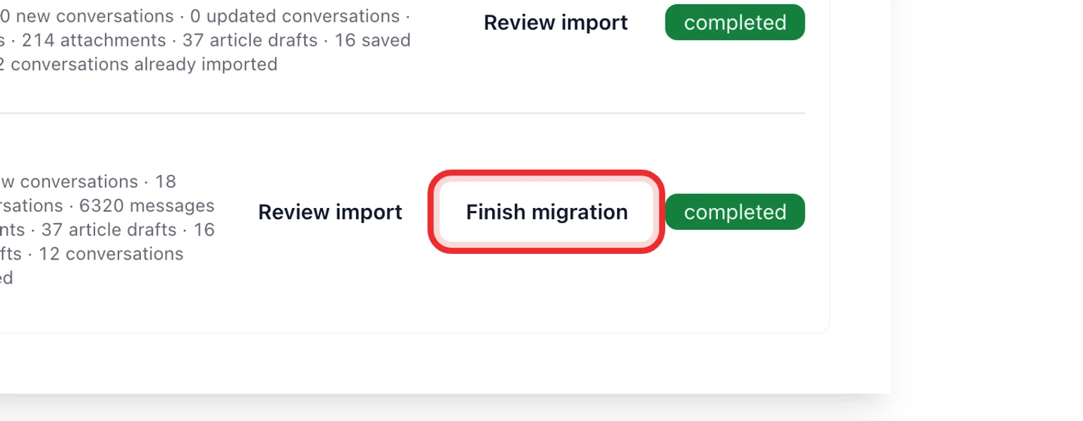 Review, cancel or retry a migration: Finish the migration, 5. Select Finish migration to record the completed cutover.
