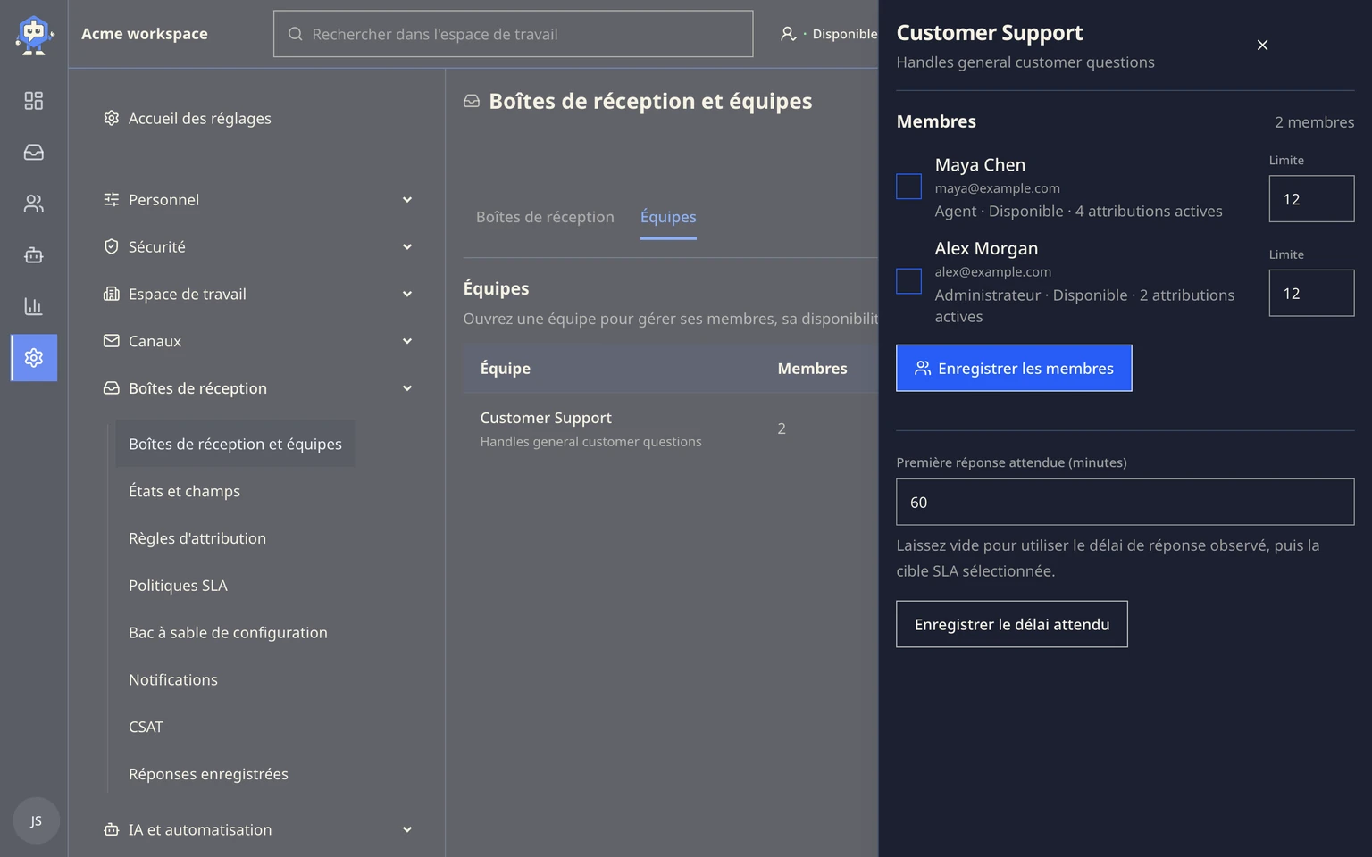 Acheminer et attribuer les conversations: Configurer une boîte de réception, 1. Ouvrez Administration > Boîte de réception > Boîtes de réception et équipes et créez l'équipe qui traitera le travail.