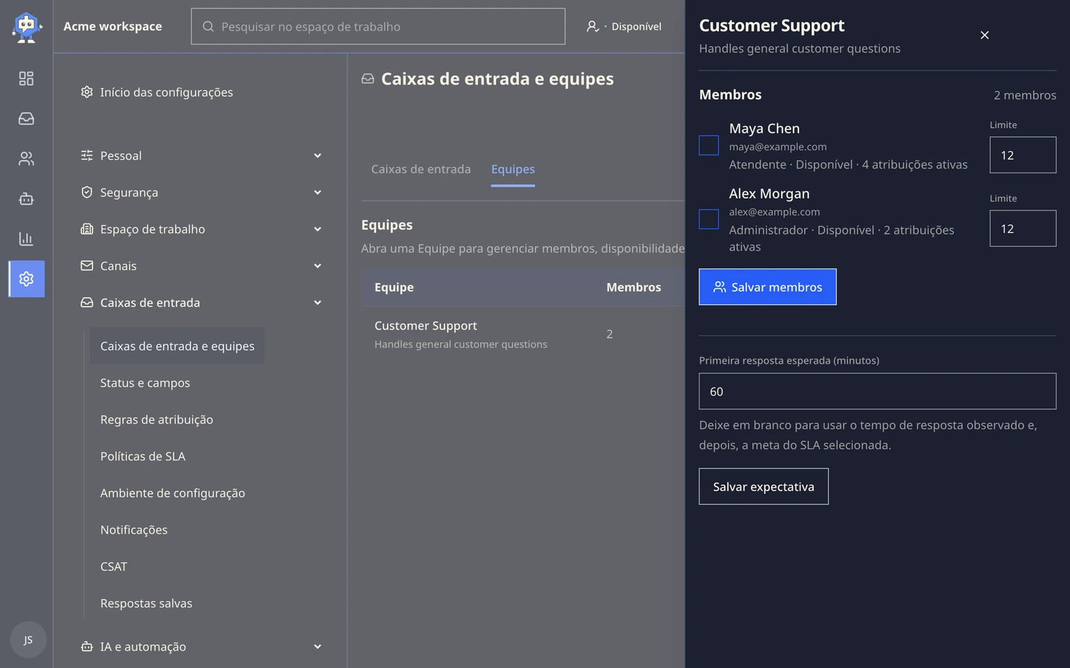 Encaminhar e atribuir conversas: Configurar uma Caixa de entrada, 1. Abra Administração > Caixa de entrada > Caixas de entrada e equipes e crie a Equipe que atenderá o trabalho.