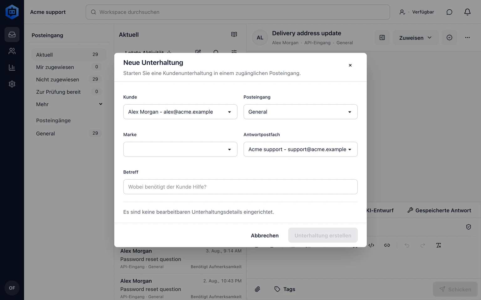 Unterhaltungen zuordnen und zuweisen: Eine Unterhaltung für einen Kunden beginnen, 1. Öffnen Sie Posteingang und wählen Sie Neue Unterhaltung.