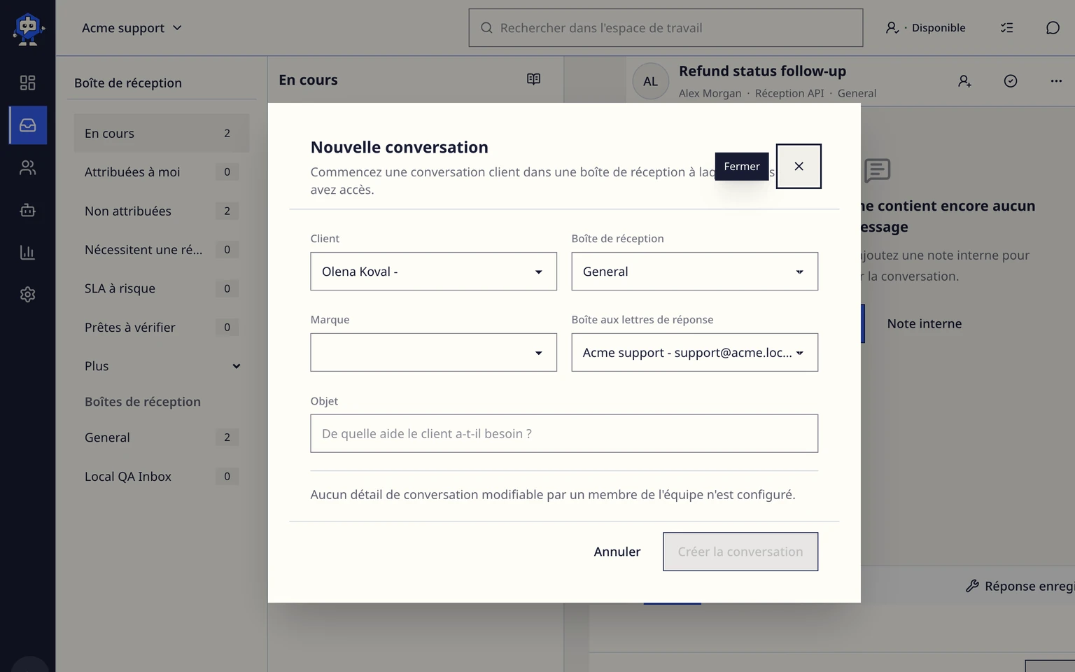 Acheminer et attribuer les conversations: Démarrer une conversation pour un client, 1. Ouvrez Boîte de réception et choisissez Nouvelle conversation.