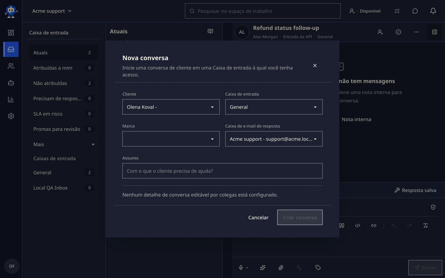 Encaminhar e atribuir conversas: Iniciar uma conversa para um cliente, 1. Abra Caixa de entrada e escolha Nova conversa.