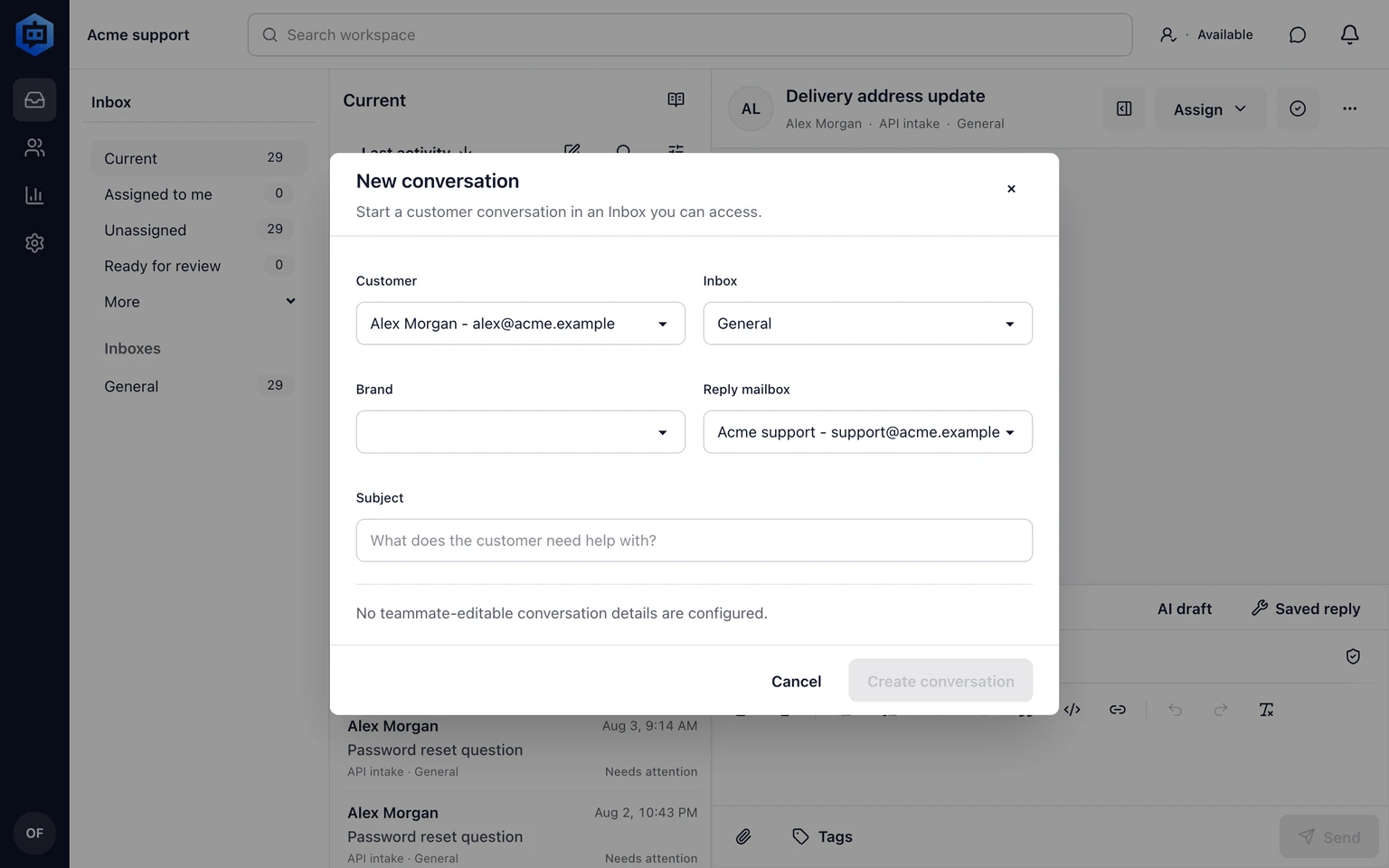 Route and assign conversations: Start a conversation for a customer, 1. Open Inbox and choose New conversation.