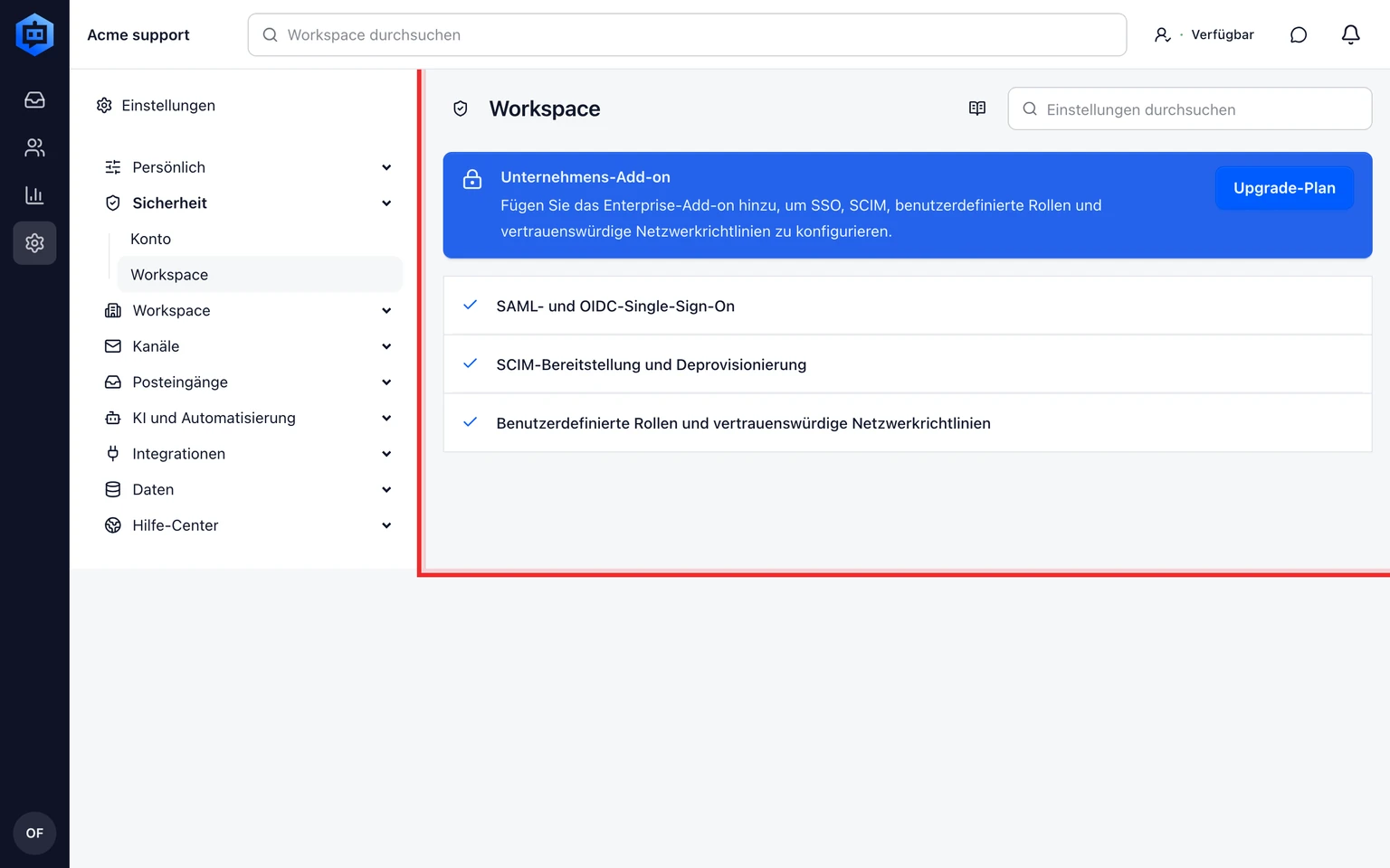 SSO, SCIM und Zugriffsrichtlinie für den Arbeitsbereich einrichten: Zugriff einrichten und testen, 1. Öffnen Sie Verwaltung > Sicherheit > Arbeitsbereich und wählen Sie Organisations-SSO.