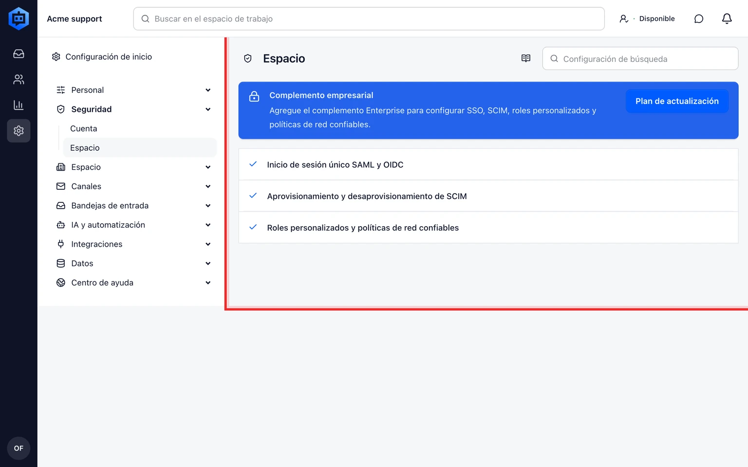 Configura SSO, SCIM y acceso al espacio: Configura y prueba el acceso, 1. Abre Administración > Seguridad > Espacio de trabajo y selecciona SSO de la organización.