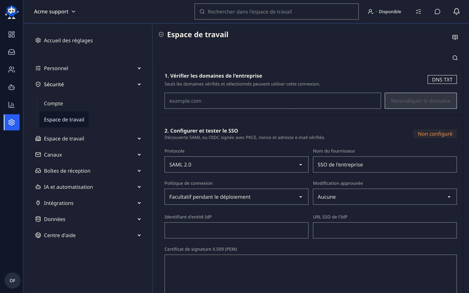 Configurer le SSO, SCIM et la politique d'accès de l'espace de travail: Configurer et tester l'accès, 1. Ouvrez Administration > Sécurité > Espace de travail et choisissez SSO de l'organisation.