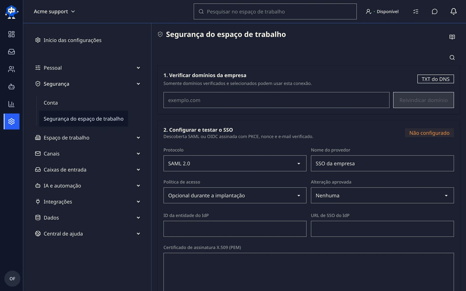 Configurar SSO, SCIM e a política de acesso do espaço de trabalho: Configurar e testar o acesso, 1. Abra Administração > Segurança > Espaço de trabalho e selecione SSO da organização.