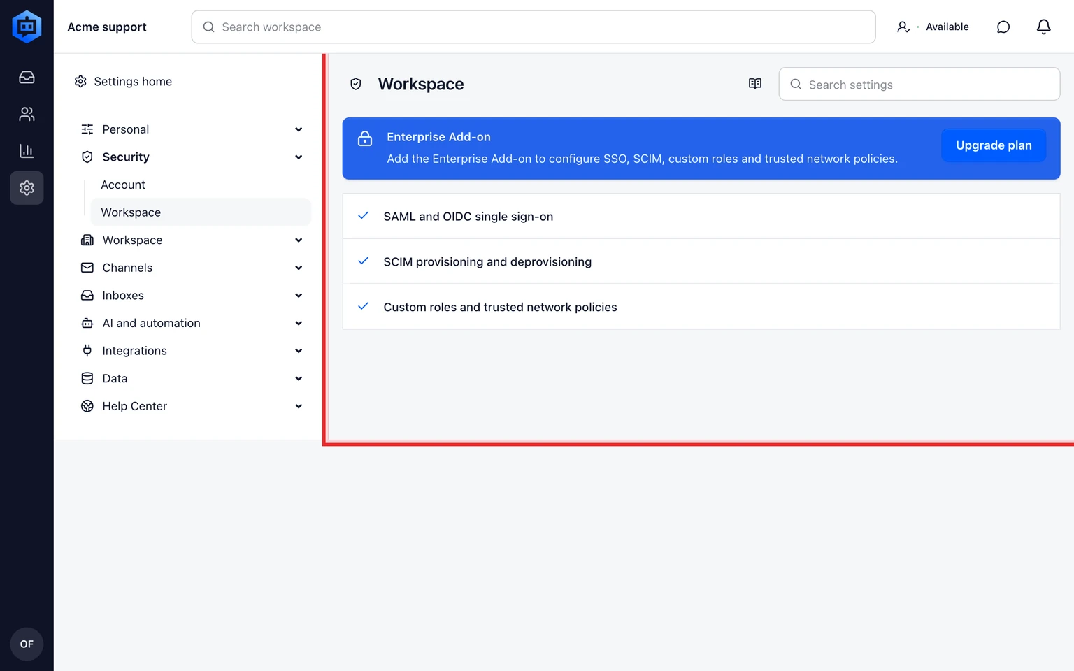 Set up SSO, SCIM and workspace access policy: Configure and test access, 1. Open Admin > Security > Workspace and select Organization SSO.