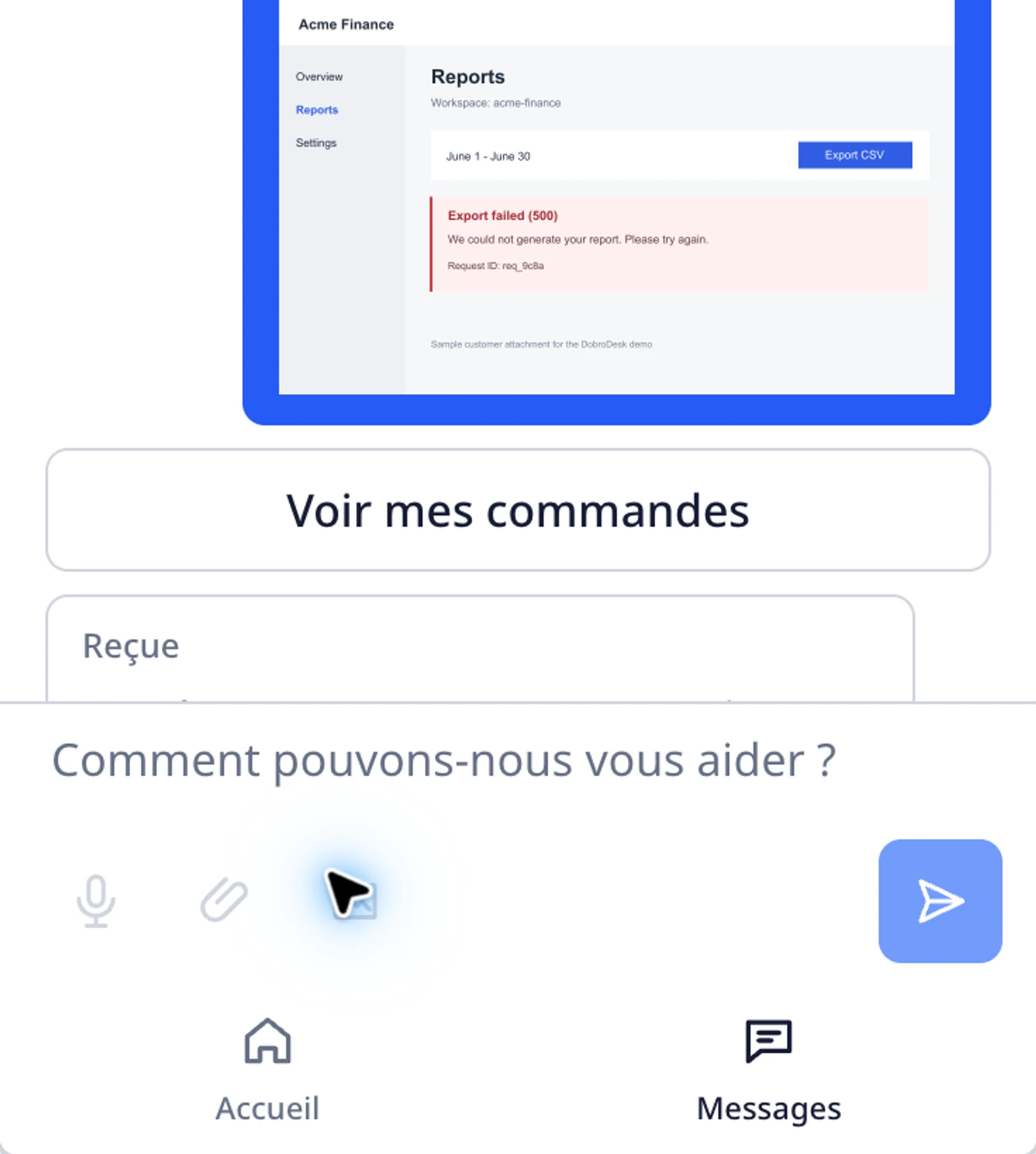 Envoyer des fichiers et des captures d'écran dans le widget du site: Vérifier la pièce jointe dans DobroDesk, 1. Ouvrez la boîte de réception sélectionnée dans les réglages de ce widget et trouvez la conversation de test.