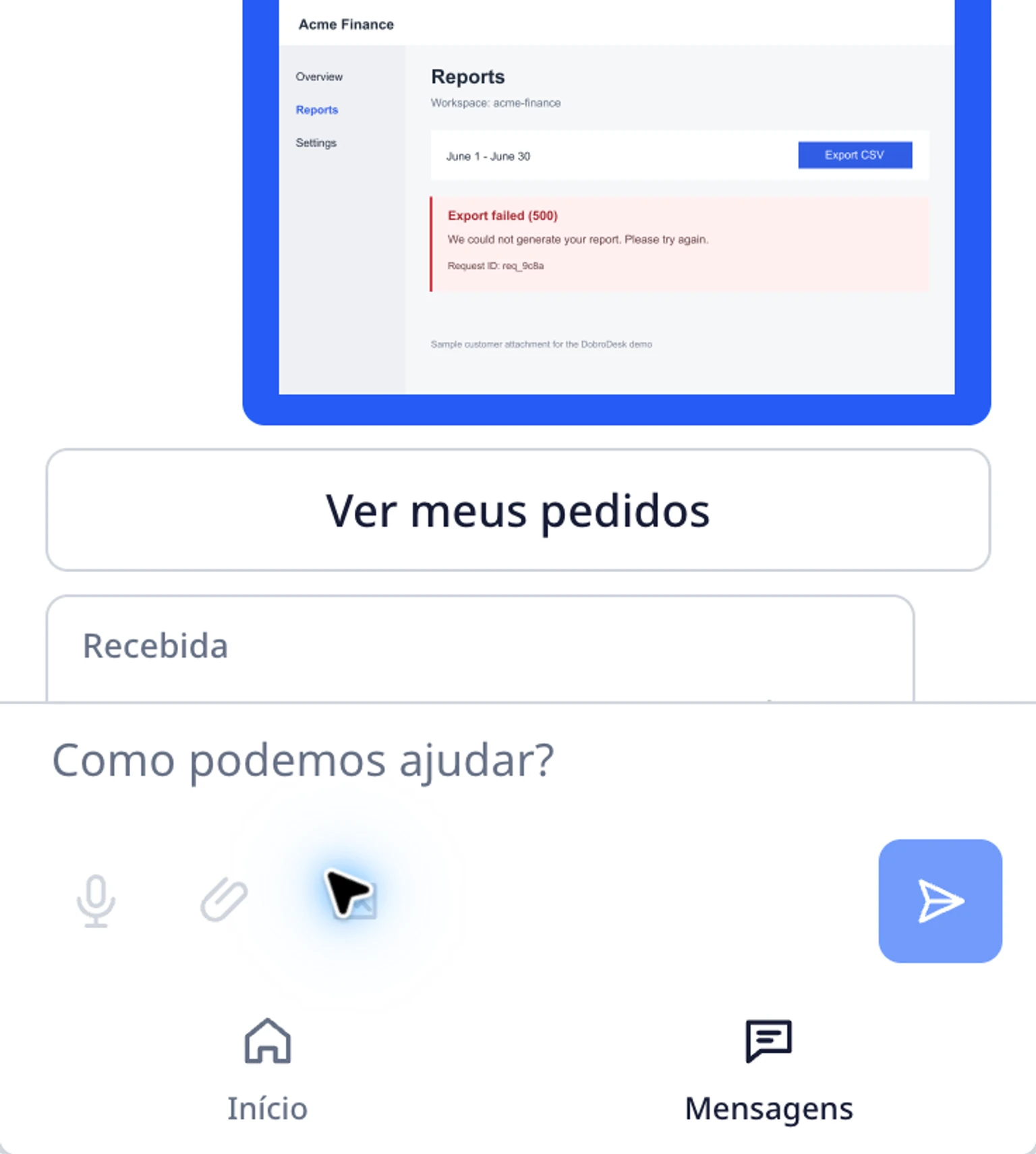 Enviar arquivos e capturas de tela no widget do site: Verificar o anexo no DobroDesk, 1. Abra a Caixa de entrada selecionada nas configurações deste widget e encontre a conversa de teste.