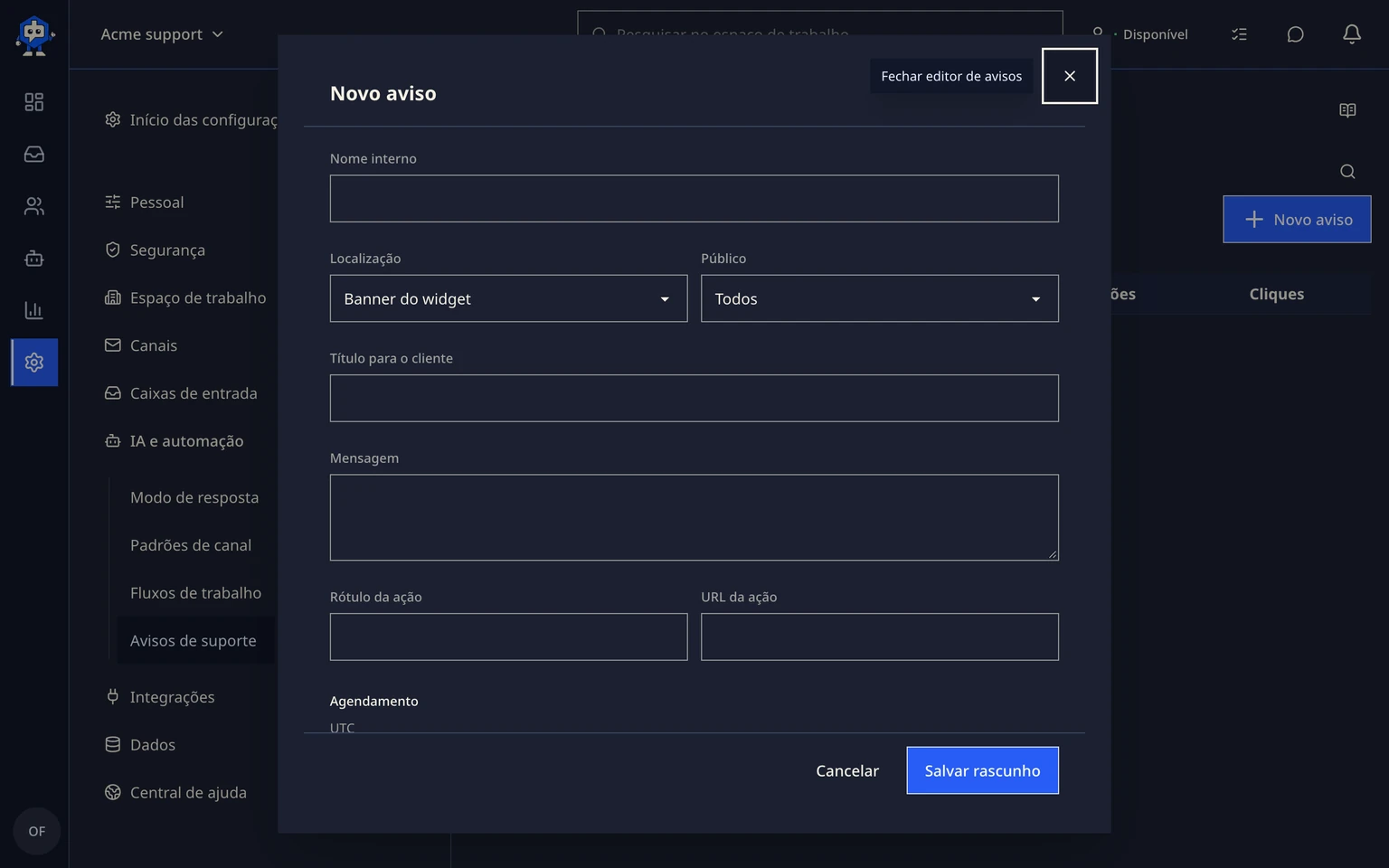 Enviar avisos de suporte segmentados: Programar um aviso objetivo