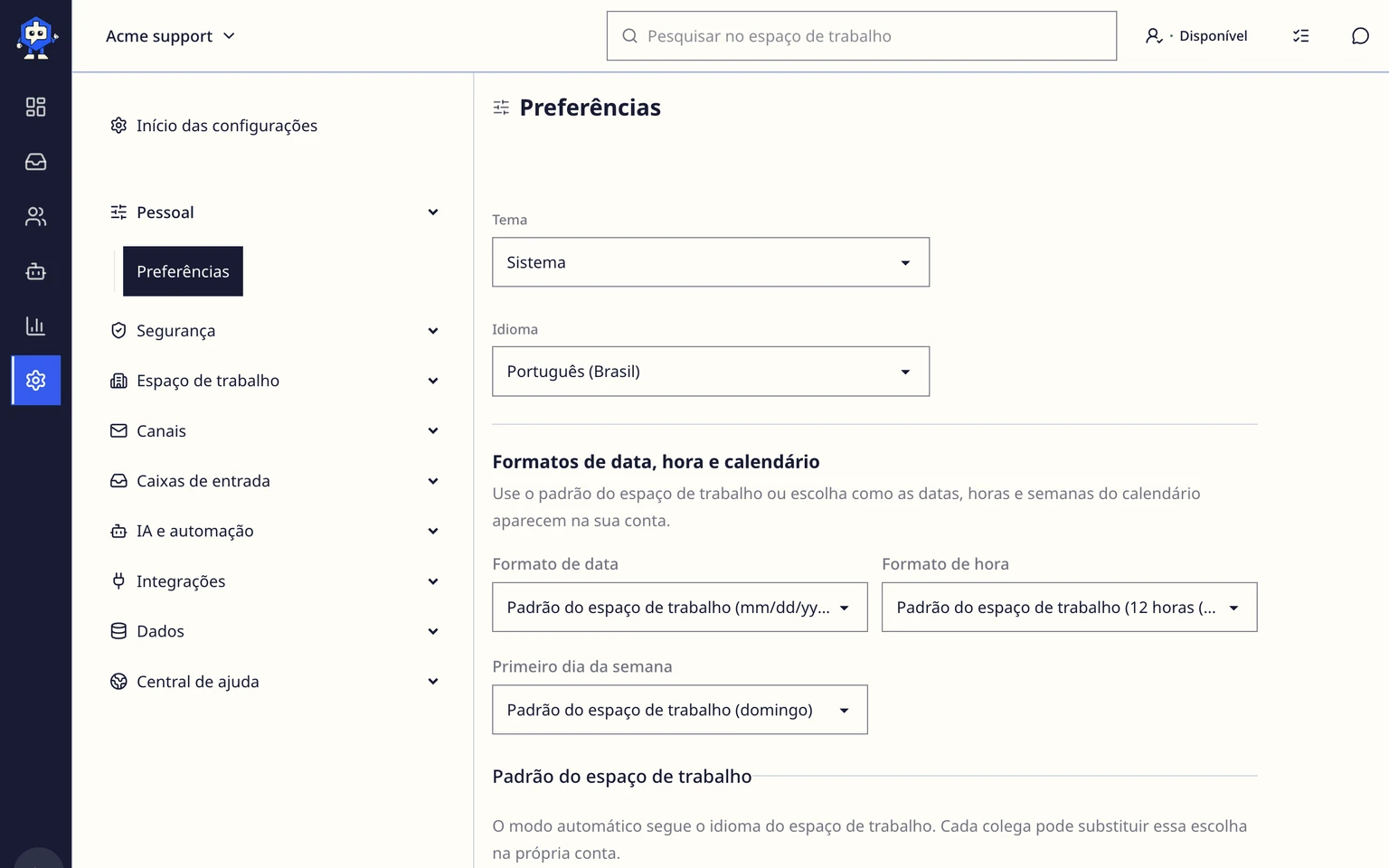 Definir preferências de idioma, data e hora: Definir preferências pessoais de exibição, 1. Abra Administração > Pessoal > Preferências.