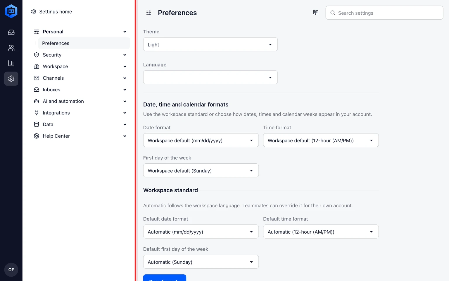 Set your language, date and time preferences: Set personal display preferences, 1. Open Settings > Personal > Preferences.
