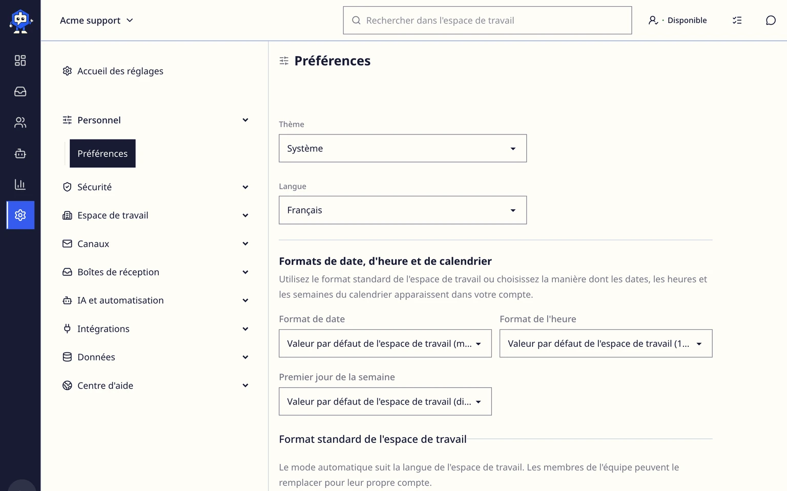 Définir les préférences de langue, de date et d'heure: Définir la valeur par défaut de l'espace de travail, 1. En tant qu'administrateur, ouvrez Administration > Personnel > Préférences et repérez la valeur par défaut de l'espace de travail.