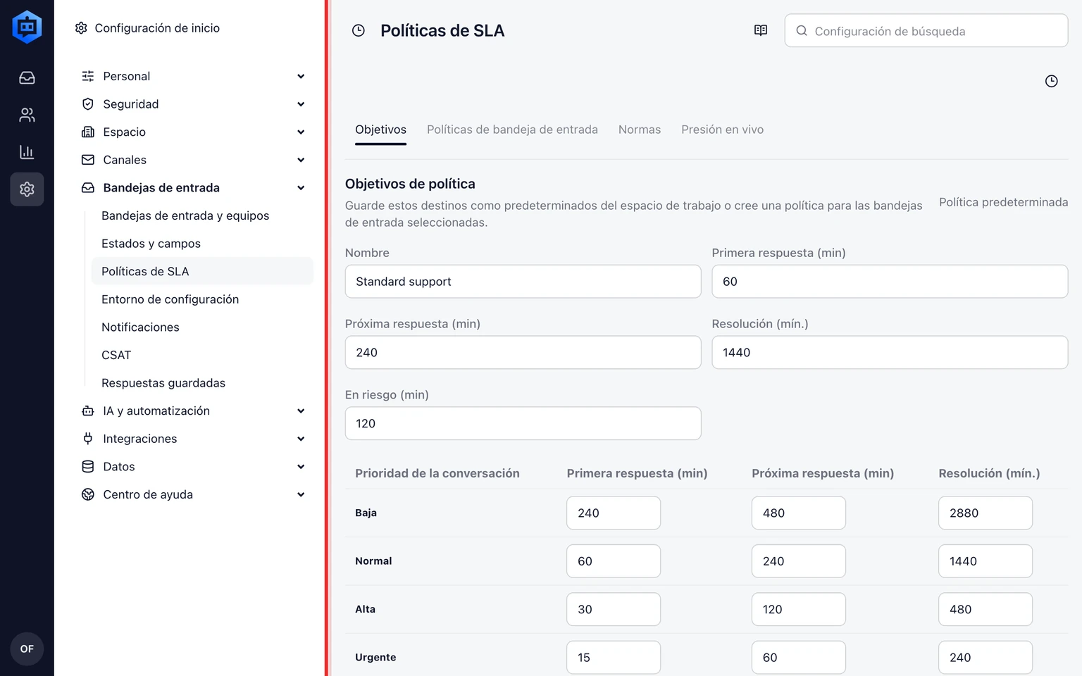 Configura políticas de SLA y horario de atención: Aplica una política a una bandeja, 1. Mantén una política como predeterminada del espacio de trabajo.