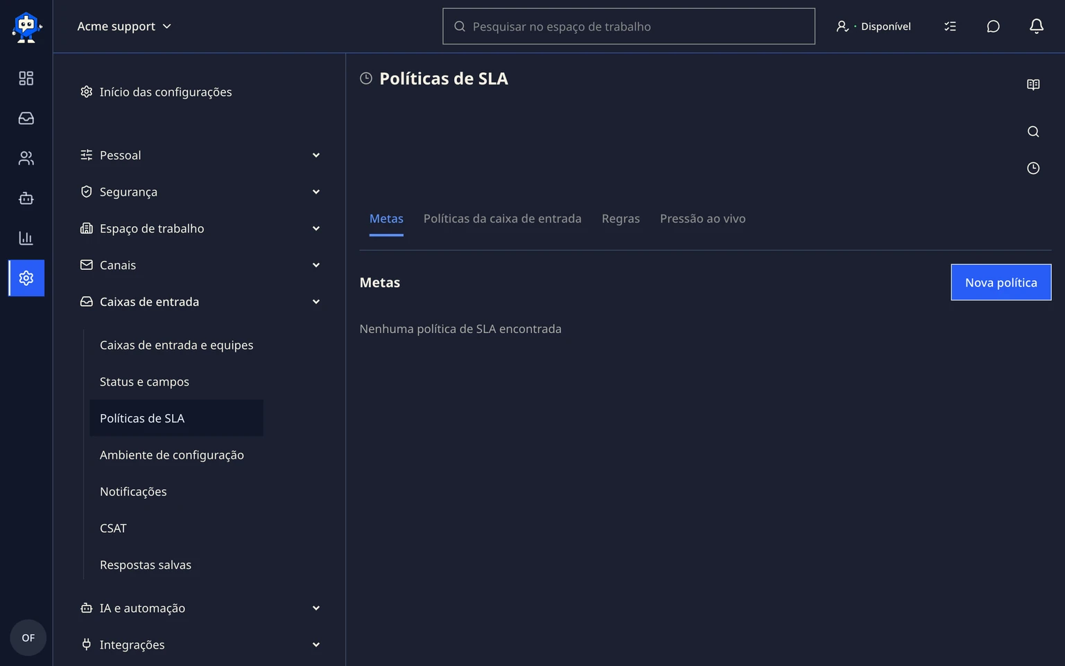 Definir políticas de SLA e horário de atendimento: Aplicar uma política a uma Caixa de entrada, 1. Mantenha uma política como padrão do espaço de trabalho.