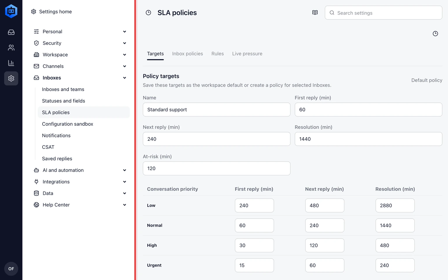 Set SLA policies and business hours: Apply a policy to an Inbox, 1. Keep one policy as the workspace default.
