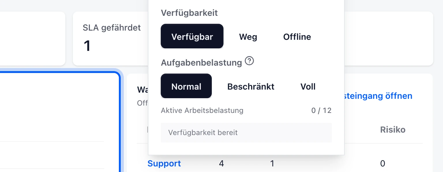 Team-Verfügbarkeit und Arbeitslast festlegen: Eigene Verfügbarkeit auswählen, 1. Öffnen Sie das Verfügbarkeitsmenü in der oberen Leiste.