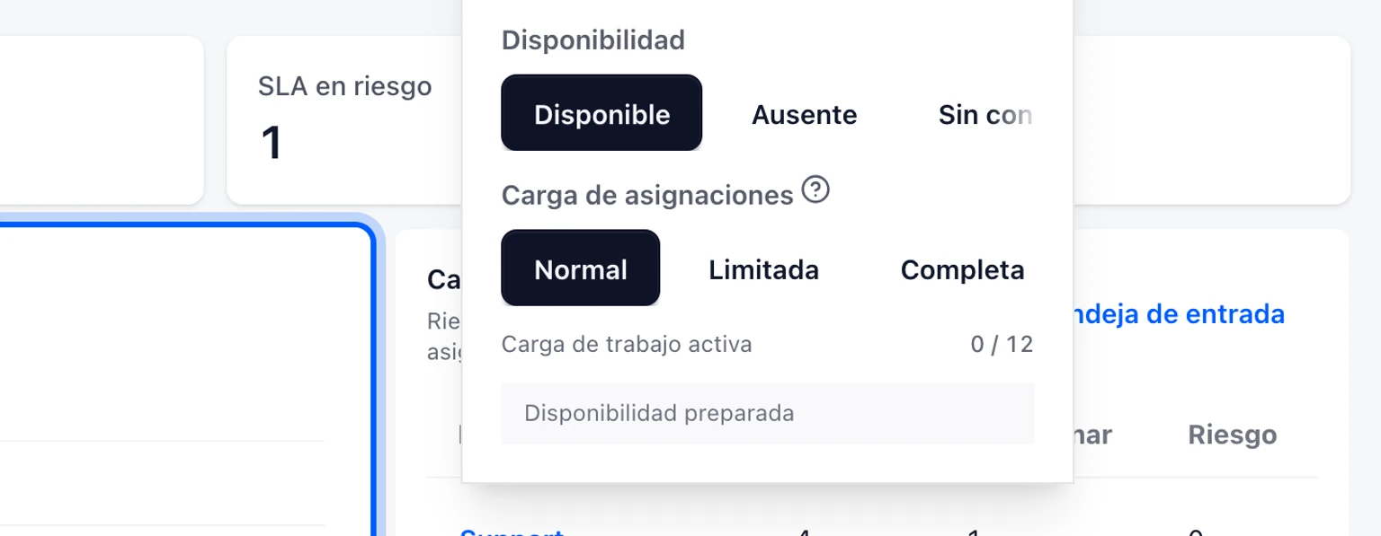 Define la disponibilidad y la carga de cada compañero: Elige tu disponibilidad, 1. Abre el menú de disponibilidad de la barra superior.