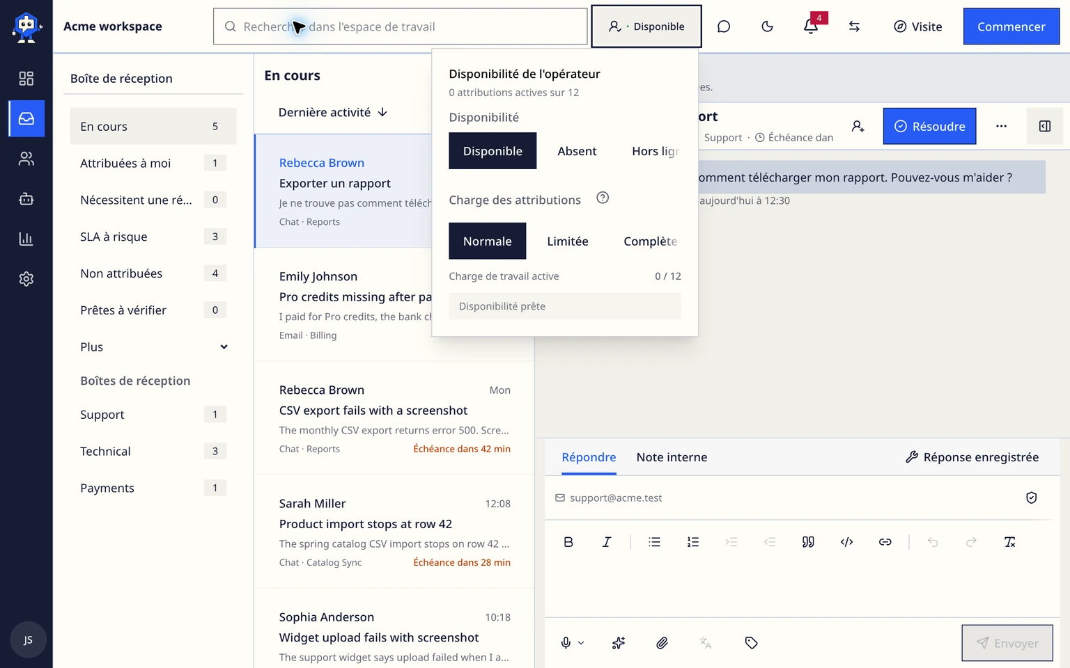 Définir la disponibilité et la charge de travail des collègues: Choisir votre disponibilité, 1. Ouvrez le menu de disponibilité dans la barre supérieure.