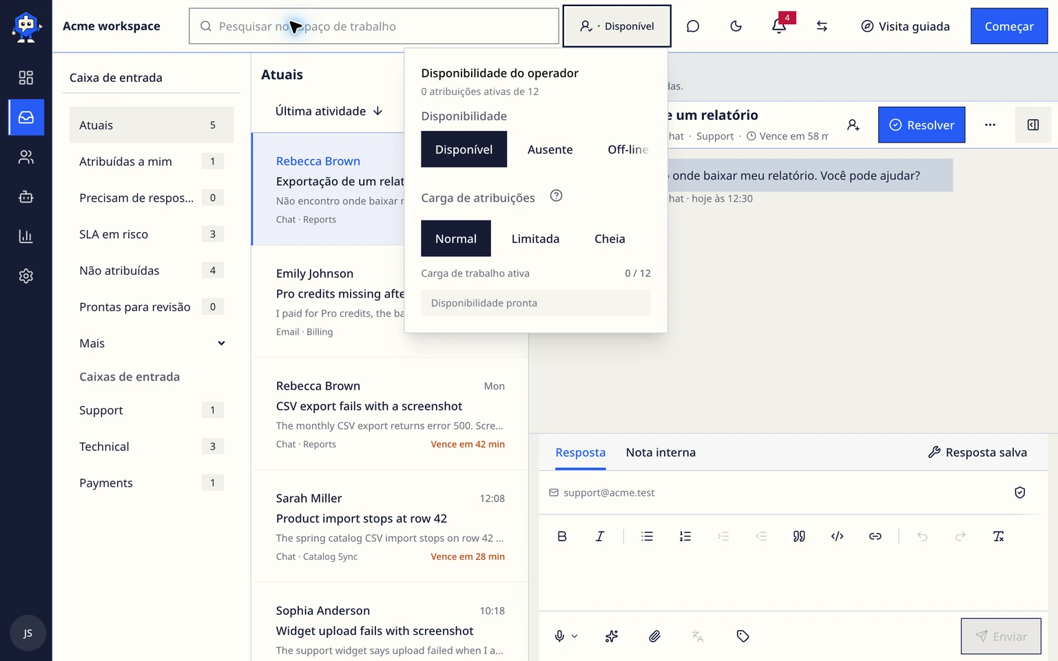 Definir disponibilidade e carga de trabalho dos colegas: Escolher sua disponibilidade, 1. Abra o menu de disponibilidade na barra superior.