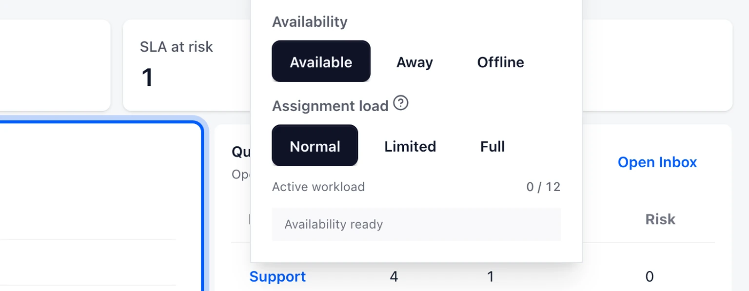 Set teammate availability and workload: Choose your availability, 1. Open the availability menu in the top bar.