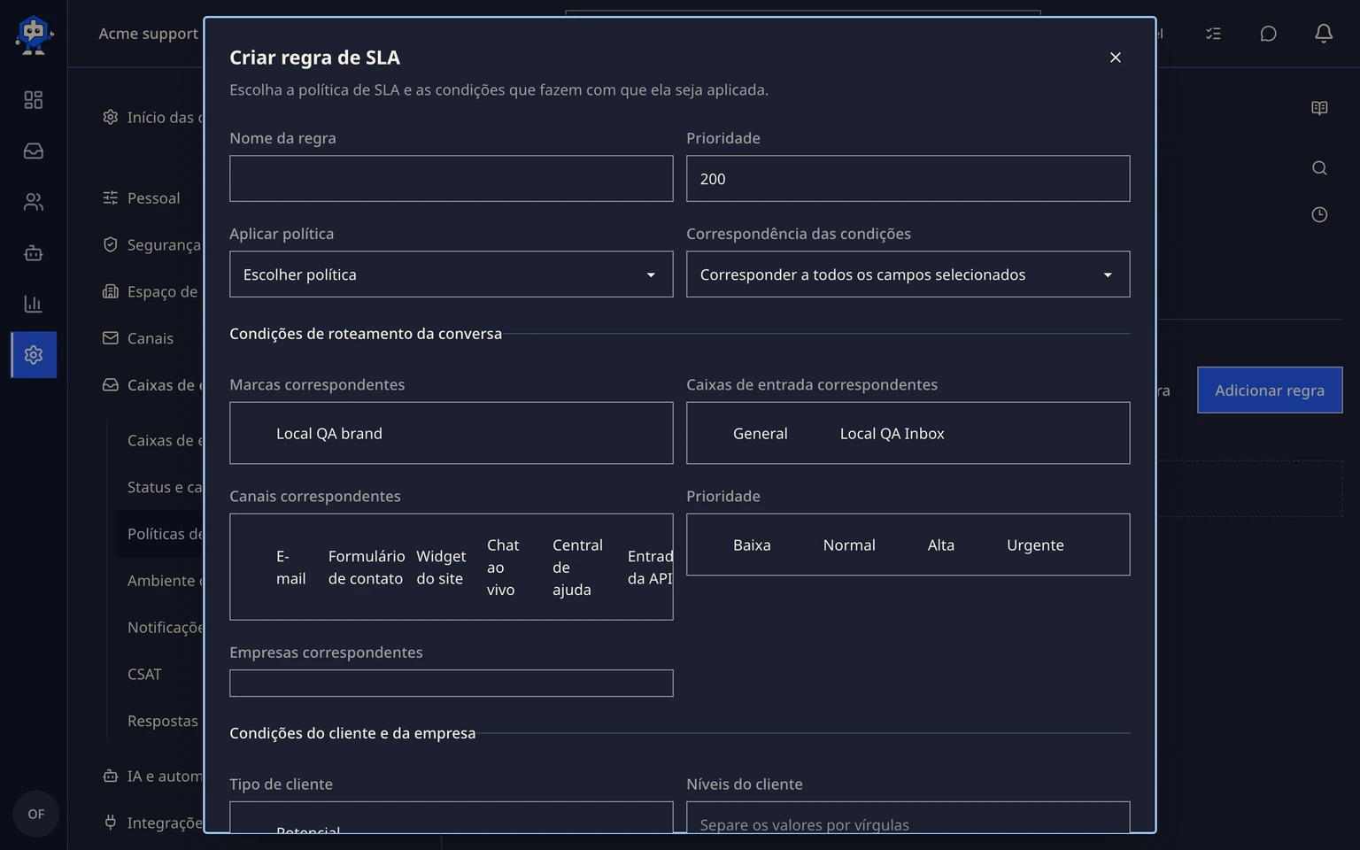 Definir regras de SLA para VIPs e níveis: Criar uma regra de SLA específica