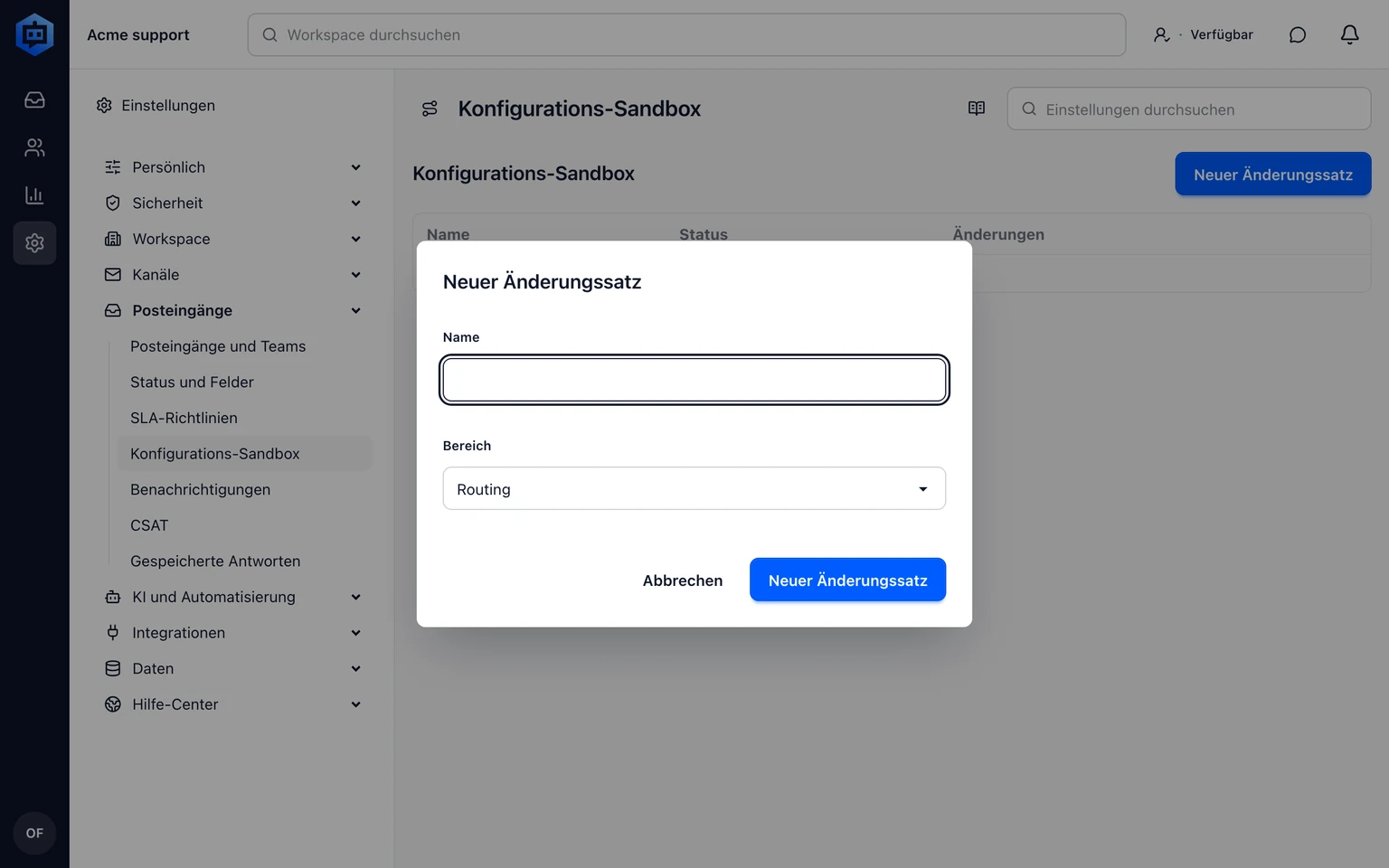 Routing in einer Konfigurations-Sandbox testen: Änderungssatz erstellen, prüfen und übernehmen