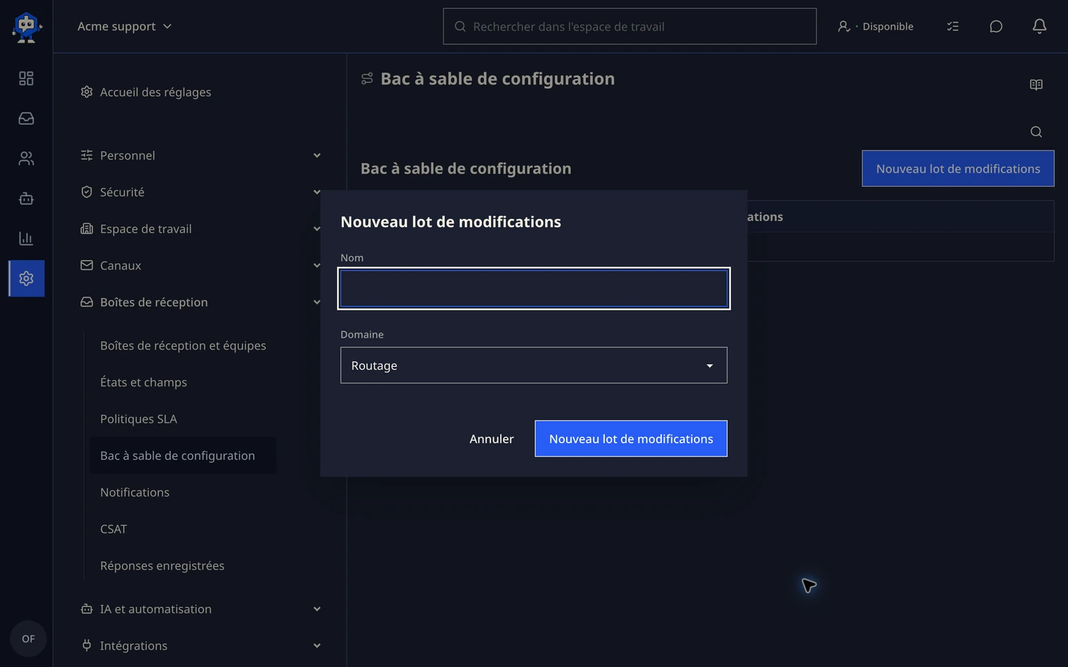 Tester le routage avec un bac à sable de configuration: Créer, examiner et promouvoir un ensemble de changements