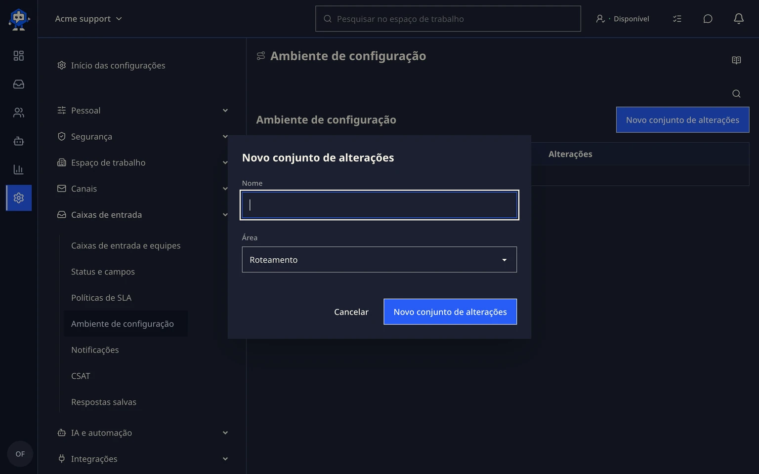 Testar o roteamento com uma área de teste de configuração: Criar, revisar e promover um conjunto de alterações