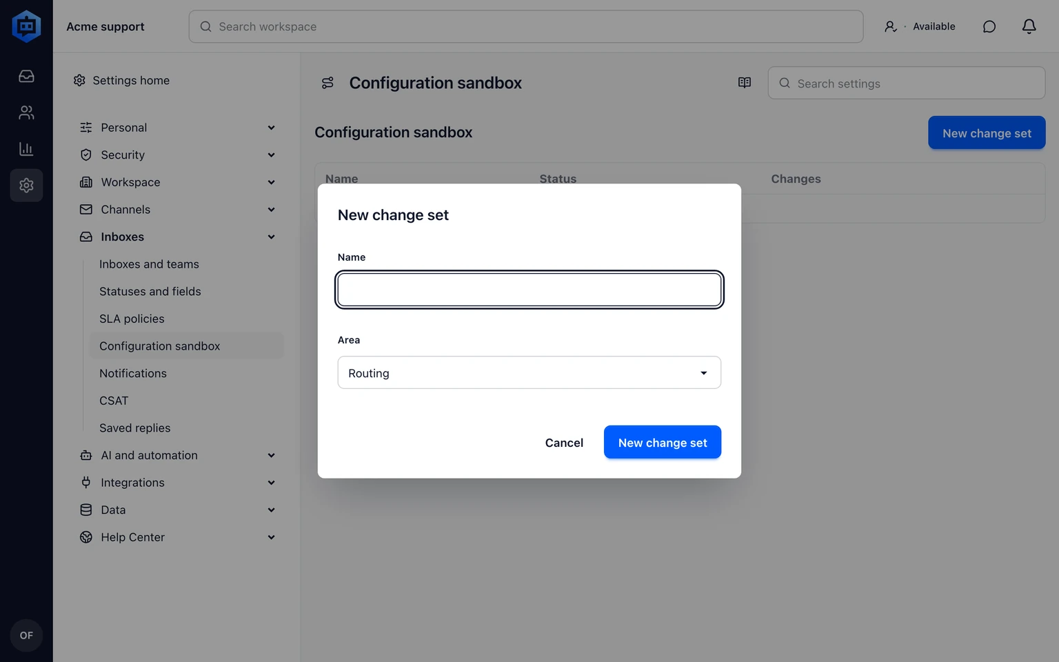 Test routing with a configuration sandbox: Create, review and promote a change set
