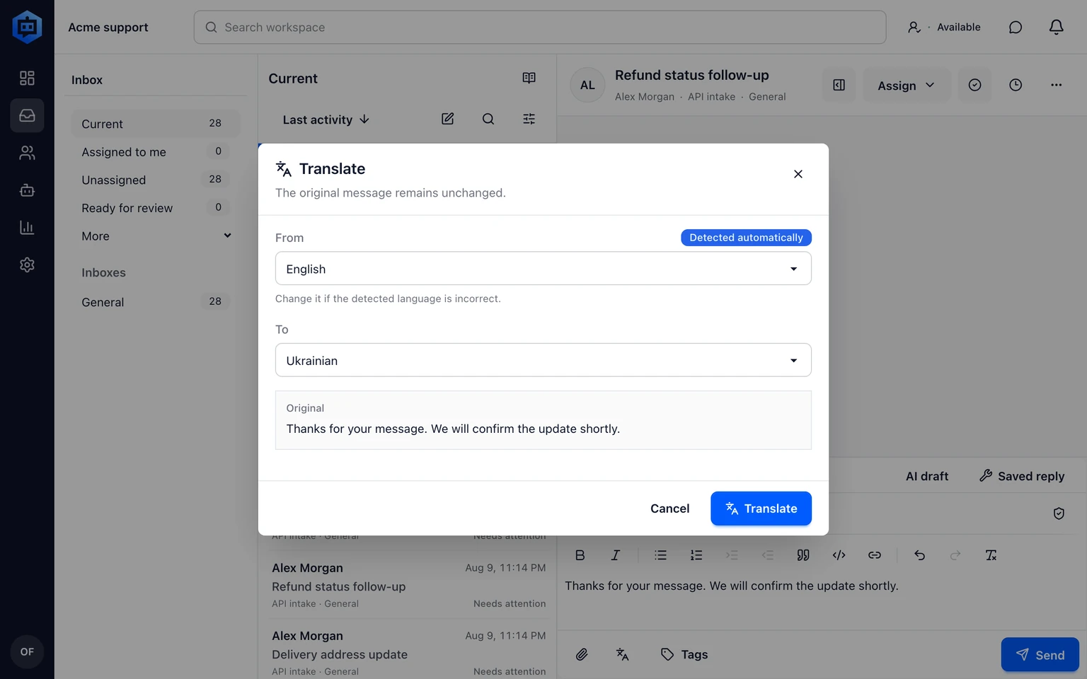 Translate a conversation message: Translate without replacing the original