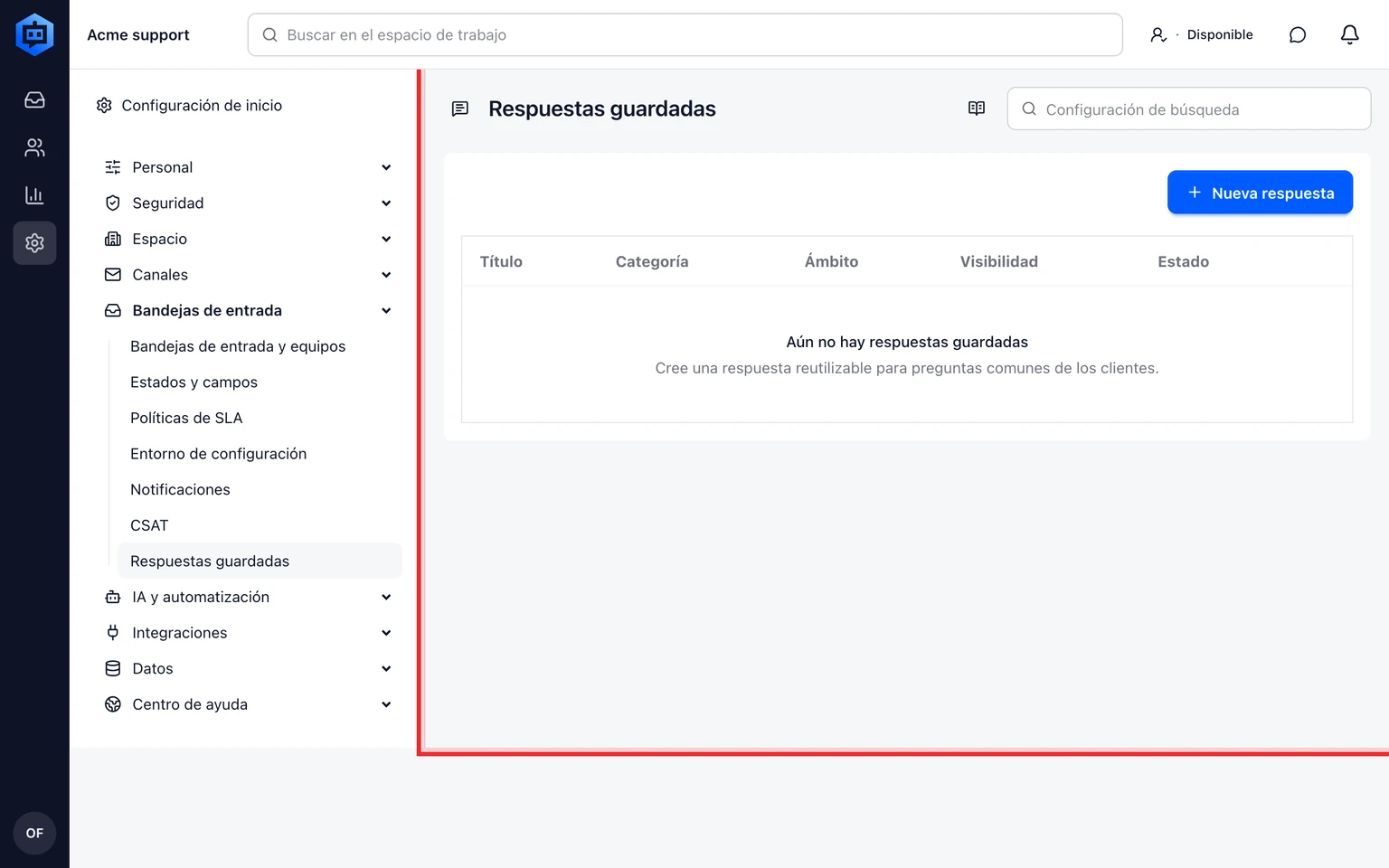 Crea y usa respuestas guardadas: Crea una respuesta guardada, 1. Abre Configuración > Bandejas > Respuestas guardadas y selecciona Añadir respuesta.