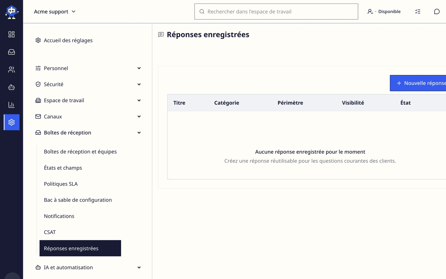 Créer et utiliser des réponses enregistrées: Utiliser la réponse dans une conversation, 1. Ouvrez Réponses enregistrées dans le compositeur et recherchez par nom ou par texte.