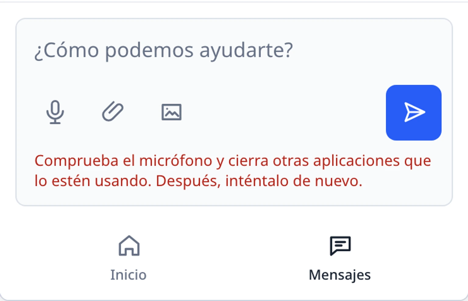 Usa el micrófono en el widget del sitio web: Envía solo después de revisar el borrador, 3. Si el micrófono está ocupado, la grabación se detiene inesperadamente o no se oyen palabras, toca el micrófono otra vez para reintentarlo. Si se denegó el acceso, cambia el permiso del micrófono para este sitio en el navegador y vuelve a intentarlo.