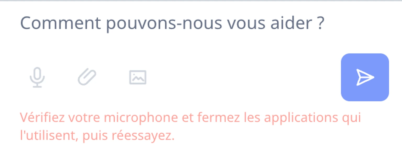 Utiliser le microphone dans le widget du site: Envoyer uniquement après avoir vérifié le brouillon, 3. Si le microphone est occupé, si l'enregistrement s'arrête de manière inattendue ou si aucun mot n'est reconnu, choisissez à nouveau le microphone pour réessayer. Si l'accès a été refusé, modifiez l'autorisation du microphone pour ce site dans le navigateur, puis réessayez.